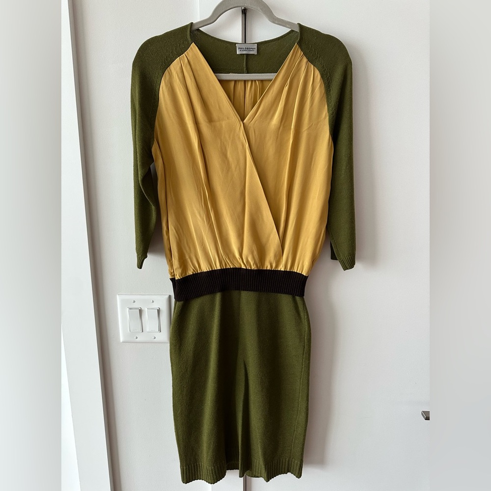 Philosophy di Alberta Ferretti Midi Dress (green/yellow, silk/wool), Size 4